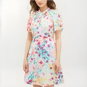 Kate Spade Size 10 Painted Petals Twist Neck Dress Lined Colorful Flutter Sleeve